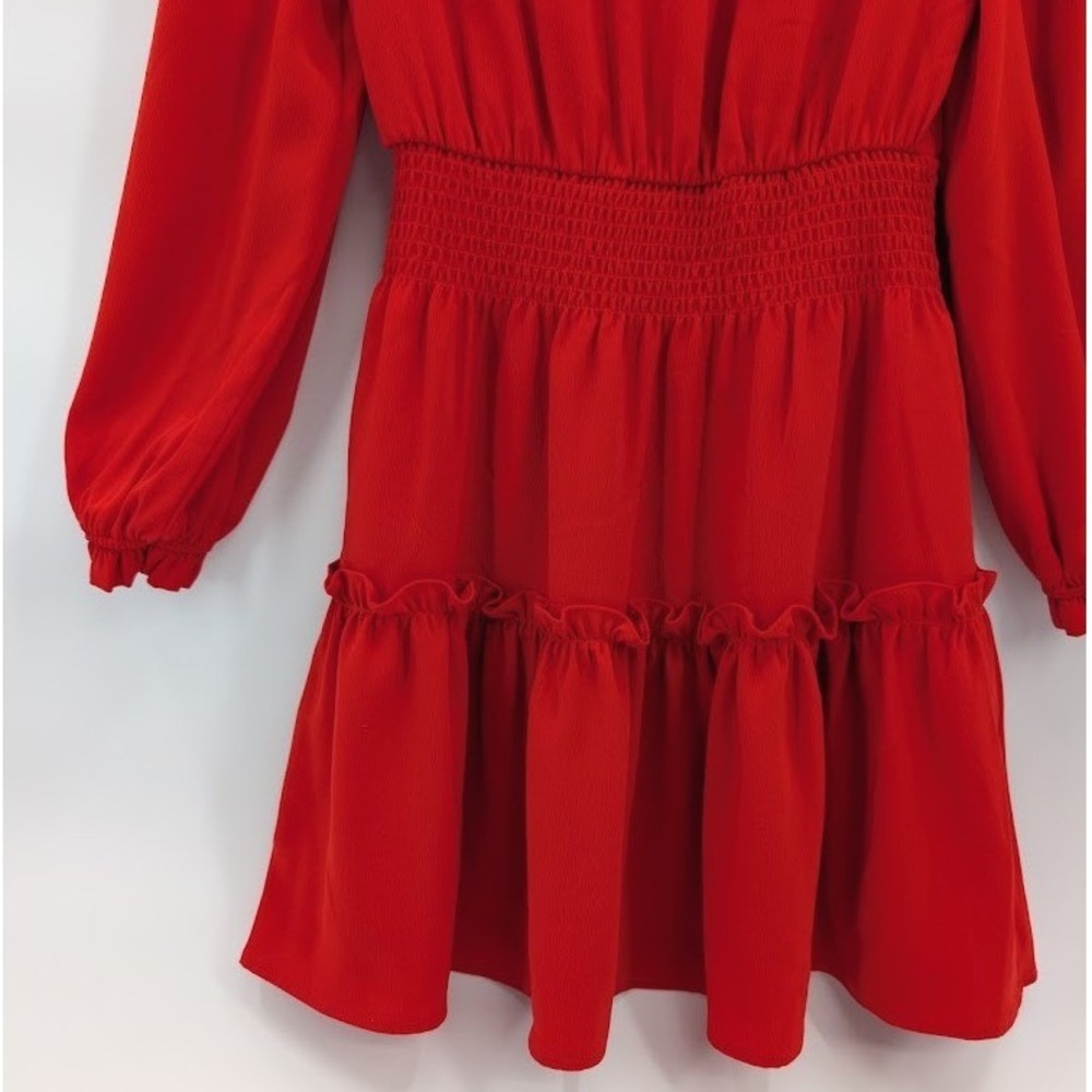 STS Sail to Sable Red Smocked Waist Dress Tiered Mini Ruffle V Neck XS Prom Hoco - Picture 7 of 12